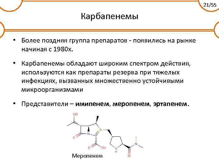 21/55 Карбапенемы • Более поздняя группа препаратов - появились на рынке начиная с 1980