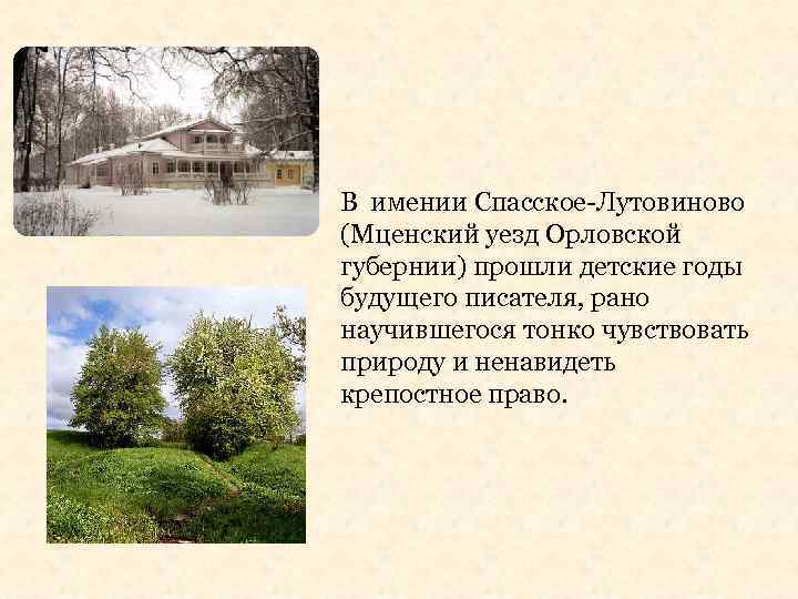 В имении Спасское-Лутовиново (Мценский уезд Орловской губернии) прошли детские годы будущего писателя, рано научившегося