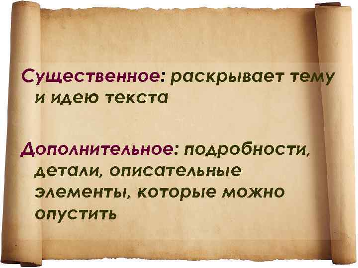 Существенное: раскрывает тему и идею текста Дополнительное: подробности, детали, описательные элементы, которые можно опустить