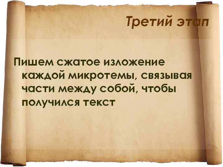 Третий этап Пишем сжатое изложение каждой микротемы, связывая части между собой, чтобы получился текст