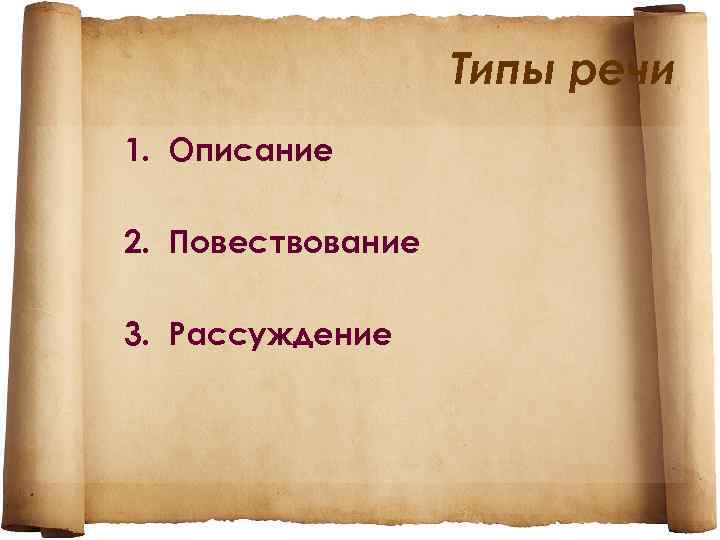 Типы речи 1. Описание 2. Повествование 3. Рассуждение 