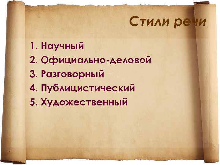 Стили речи 1. Научный 2. Официально-деловой 3. Разговорный 4. Публицистический 5. Художественный 