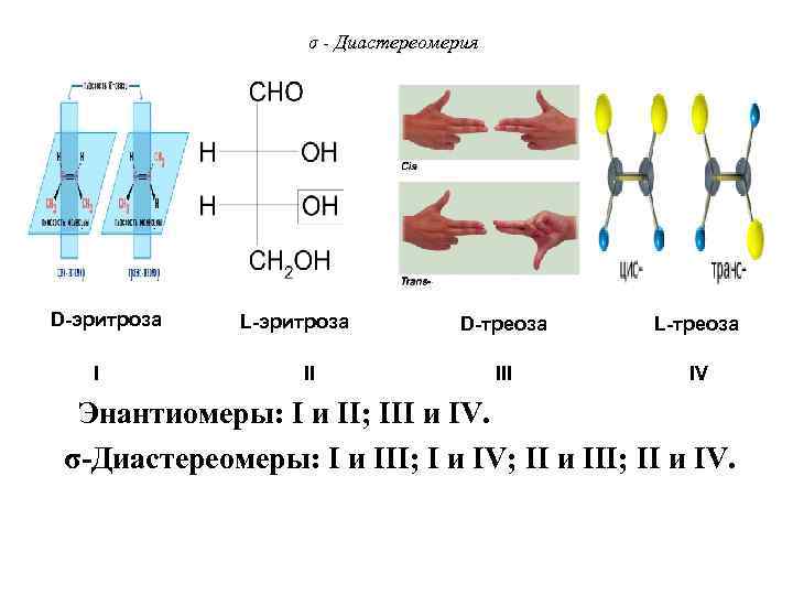 σ - Диастереомерия D-эритроза I L-эритроза II D-треоза L-треоза III IV Энантиомеры: I и