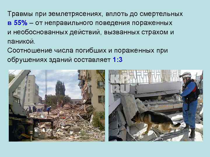 Травмы при землетрясениях, вплоть до смертельных в 55% – от неправильного поведения пораженных и