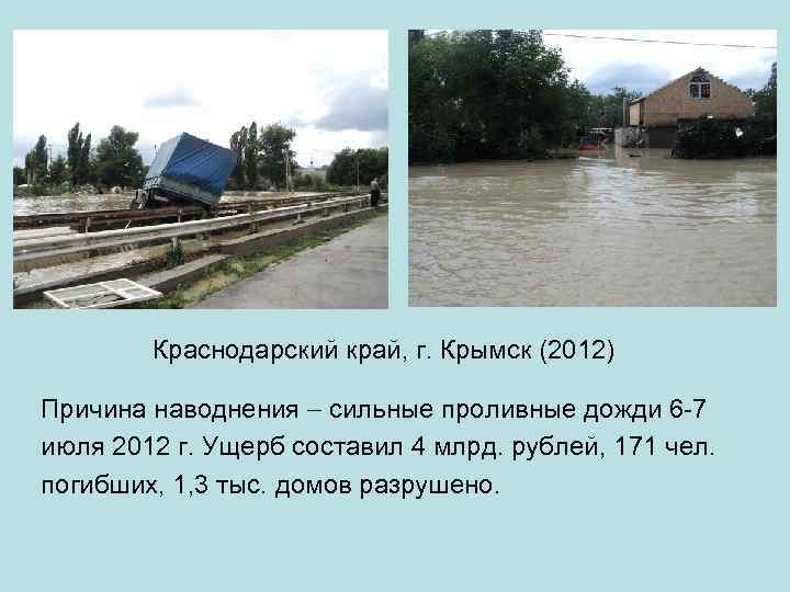 Краснодарский край, г. Крымск (2012) Причина наводнения сильные проливные дожди 6 -7 июля 2012