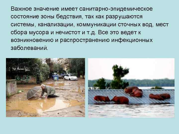 Важное значение имеет санитарно-эпидемическое состояние зоны бедствия, так как разрушаются системы, канализации, коммуникации сточных