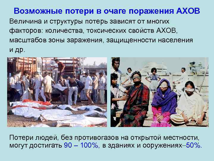 Возможные потери в очаге поражения АХОВ Величина и структуры потерь зависят от многих факторов: