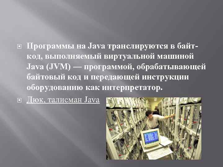 Программы на Java транслируются в байткод, выполняемый виртуальной машиной Java (JVM) — программой,