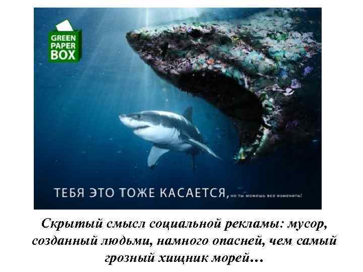 Скрытый смысл социальной рекламы: мусор, созданный людьми, намного опасней, чем самый грозный хищник морей…