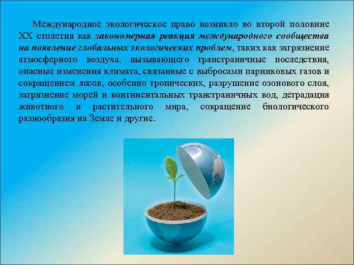 Международное экологическое право возникло во второй половине ХХ столетия как закономерная реакция международного сообщества