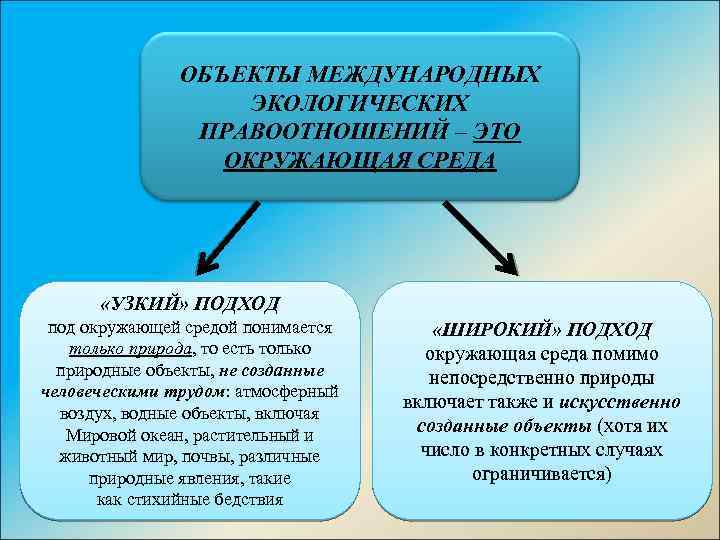 ОБЪЕКТЫ МЕЖДУНАРОДНЫХ ЭКОЛОГИЧЕСКИХ ПРАВООТНОШЕНИЙ – ЭТО ОКРУЖАЮЩАЯ СРЕДА «УЗКИЙ» ПОДХОД под окружающей средой понимается