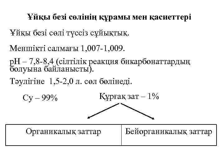 Ұйқы безі сөлінің құрамы мен қасиеттері Ұйқы безі сөлі түссіз сұйықтық. Меншікті салмағы 1,