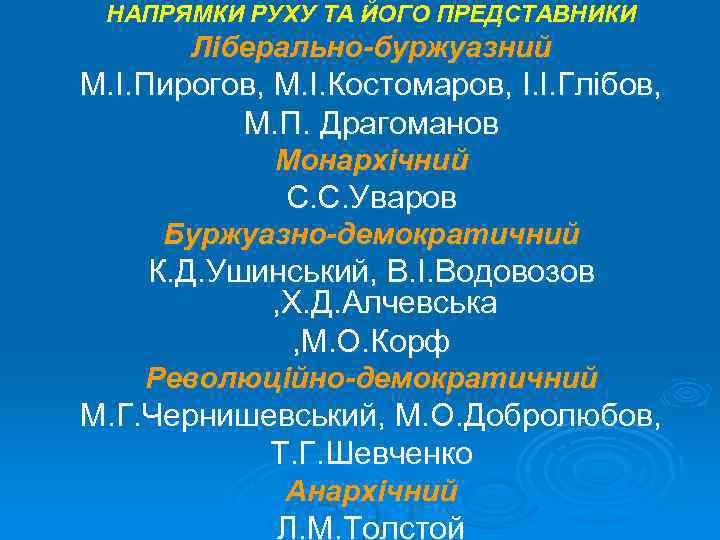 НАПРЯМКИ РУХУ ТА ЙОГО ПРЕДСТАВНИКИ Ліберально-буржуазний М. І. Пирогов, М. І. Костомаров, І. І.