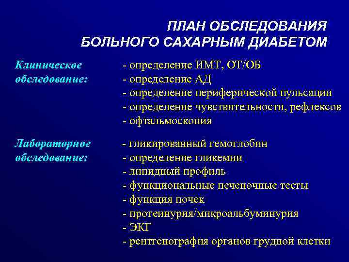 ПЛАН ОБСЛЕДОВАНИЯ БОЛЬНОГО САХАРНЫМ ДИАБЕТОМ Клиническое обследование: - определение ИМТ, ОТ/ОБ - определение АД