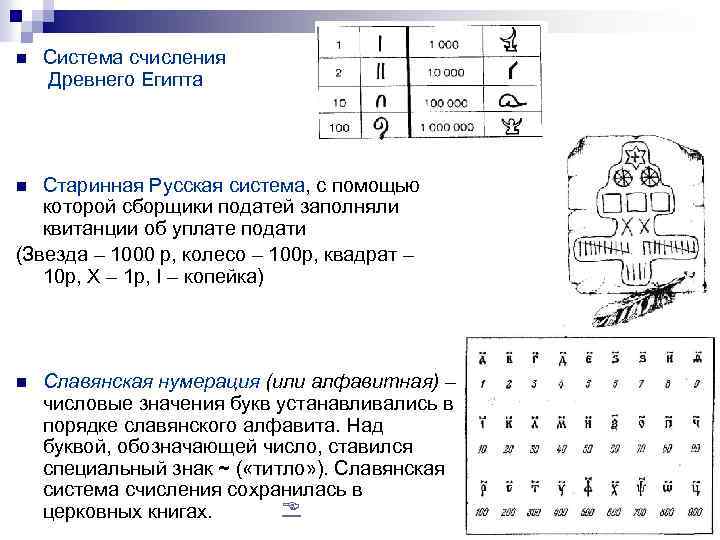 n Система счисления Древнего Египта Старинная Русская система, с помощью которой сборщики податей заполняли