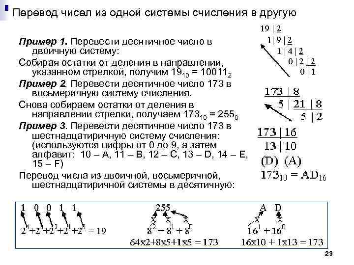 Перевод чисел из одной системы счисления в другую Пример 1. Перевести десятичное число в