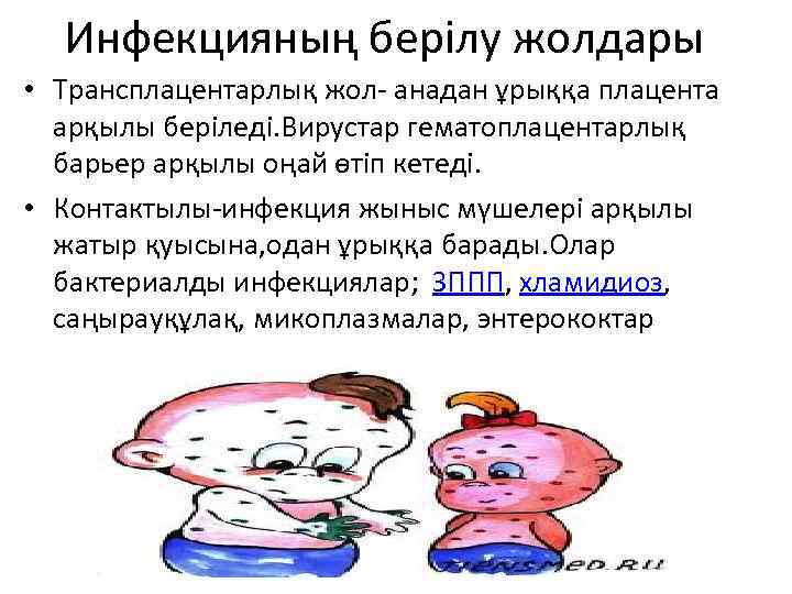 Инфекцияның берілу жолдары • Трансплацентарлық жол- анадан ұрыққа плацента арқылы беріледі. Вирустар гематоплацентарлық барьер