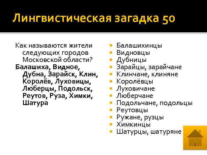 Лингвистическая загадка 50 Как называются жители следующих городов Московской области? Балашиха, Видное, Дубна, Зарайск,