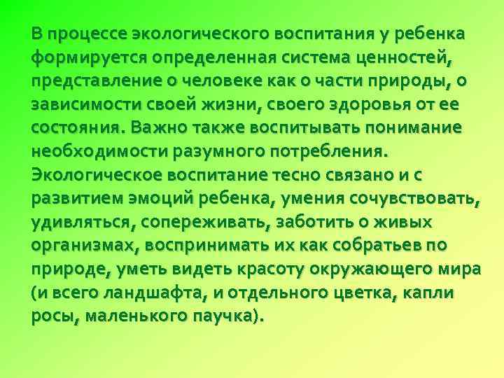 В процессе экологического воспитания у ребенка формируется определенная система ценностей, представление о человеке как