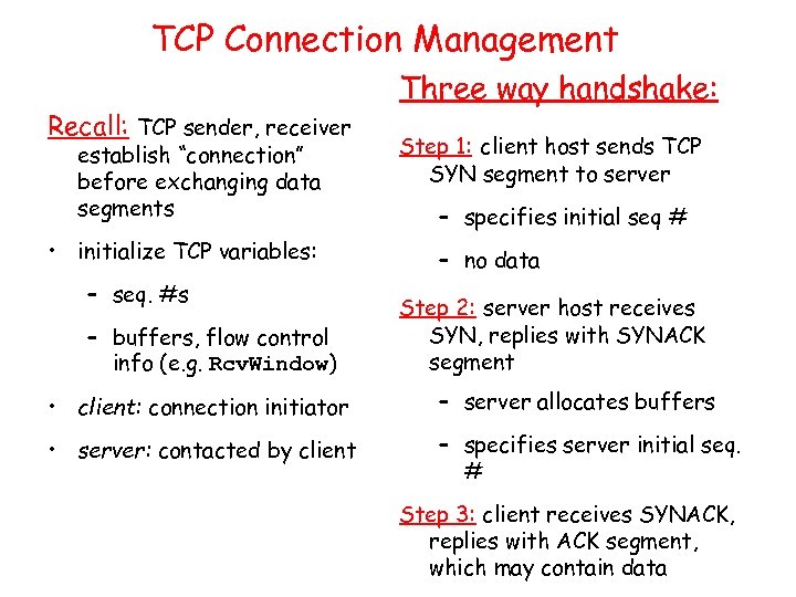 TCP Connection Management Recall: TCP sender, receiver establish “connection” before exchanging data segments •