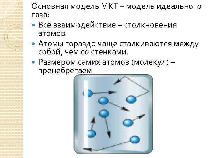 Основная модель МКТ – модель идеального газа: Всё взаимодействие – столкновения атомов Атомы гораздо