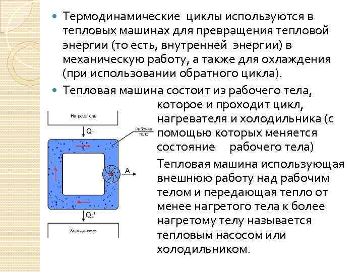 Термодинамические циклы используются в тепловых машинах для превращения тепловой энергии (то есть, внутренней энергии)