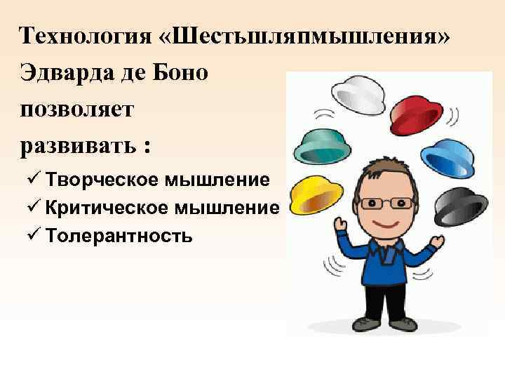 Технология «Шестьшляпмышления» Эдварда де Боно позволяет развивать : ü Творческое мышление ü Критическое мышление