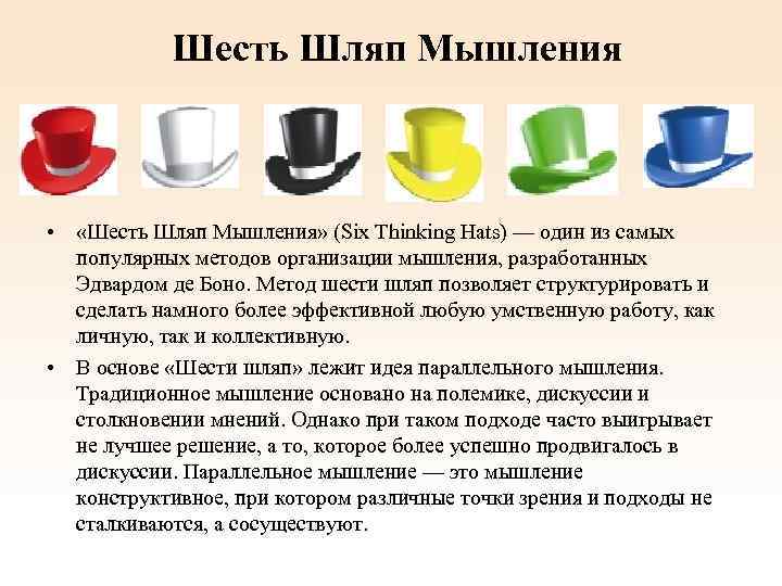 Шесть Шляп Мышления • «Шесть Шляп Мышления» (Six Thinking Hats) — один из самых