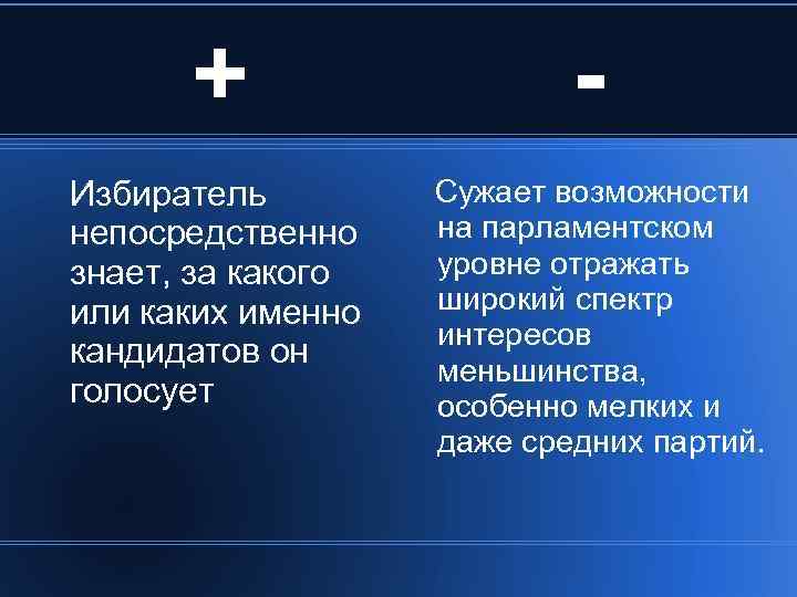 + Избиратель непосредственно знает, за какого или каких именно кандидатов он голосует Сужает возможности