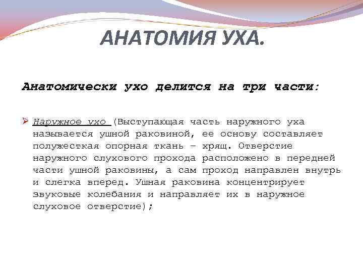 АНАТОМИЯ УХА. Анатомически ухо делится на три части: Ø Наружное ухо (Выступающая часть наружного