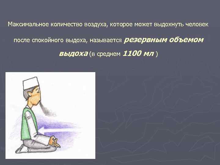 Максимальное количество воздуха, которое может выдохнуть человек после спокойного выдоха, называется резервным объемом выдоха
