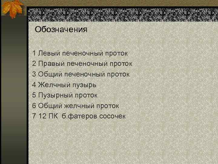 Обозначения 1 Левый печеночный проток 2 Правый печеночный проток 3 Общий печеночный проток 4