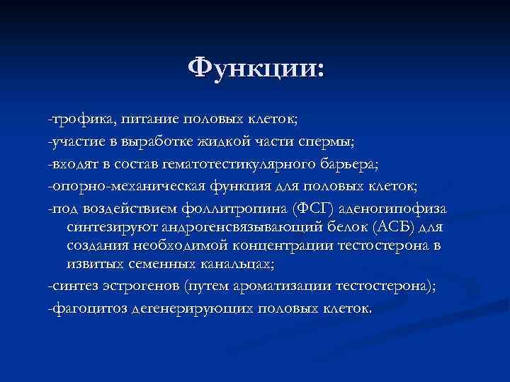 Функции: -трофика, питание половых клеток; -участие в выработке жидкой части спермы; -входят в состав