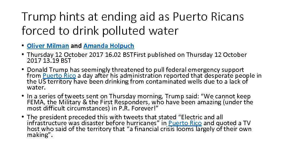 Trump hints at ending aid as Puerto Ricans forced to drink polluted water •