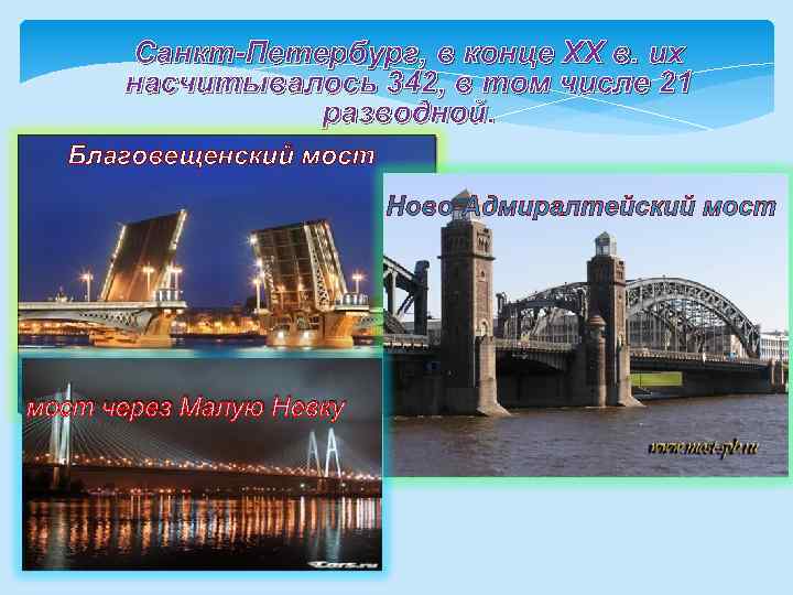 Санкт-Петербург, в конце XX в. их насчитывалось 342, в том числе 21 разводной. Благовещенский