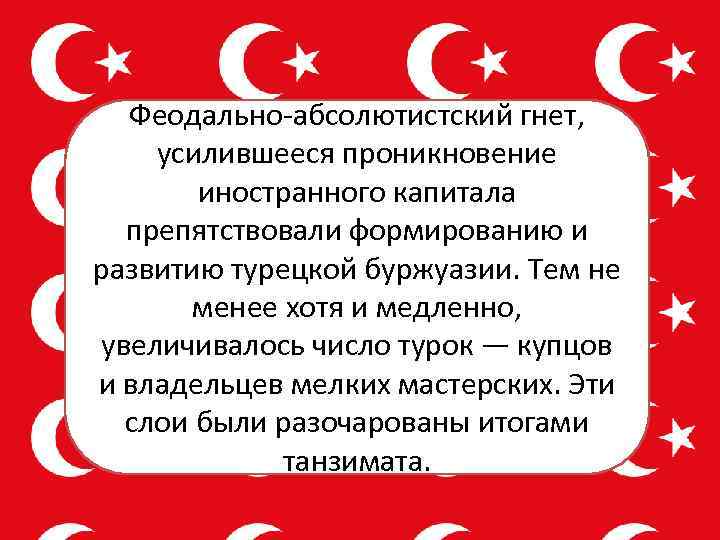 Феодально-абсолютистский гнет, усилившееся проникновение иностранного капитала препятствовали формированию и развитию турецкой буржуазии. Тем не