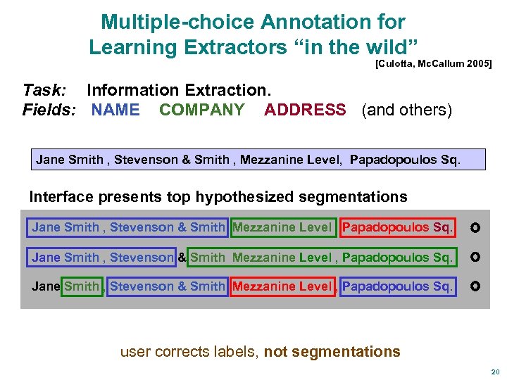 Multiple-choice Annotation for Learning Extractors “in the wild” [Culotta, Mc. Callum 2005] Task: Information
