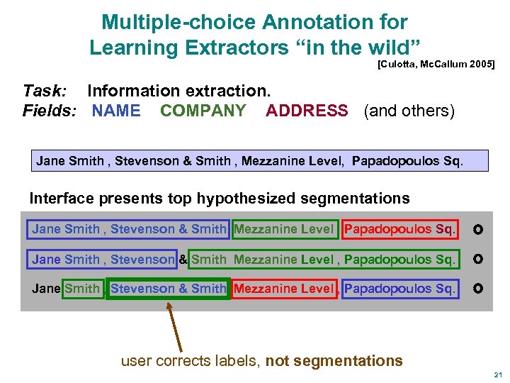 Multiple-choice Annotation for Learning Extractors “in the wild” [Culotta, Mc. Callum 2005] Task: Information