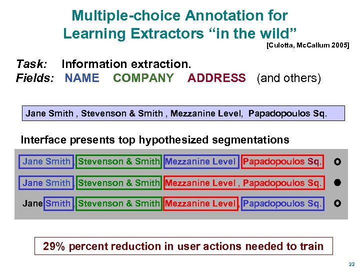 Multiple-choice Annotation for Learning Extractors “in the wild” [Culotta, Mc. Callum 2005] Task: Information