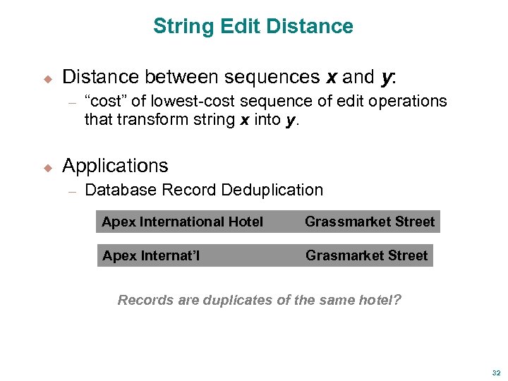 String Edit Distance u Distance between sequences x and y: – u “cost” of