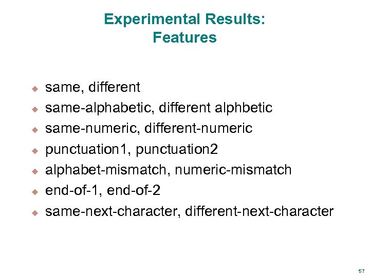 Experimental Results: Features u u u u same, different same-alphabetic, different alphbetic same-numeric, different-numeric