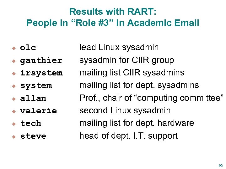 Results with RART: People in “Role #3” in Academic Email u u u u