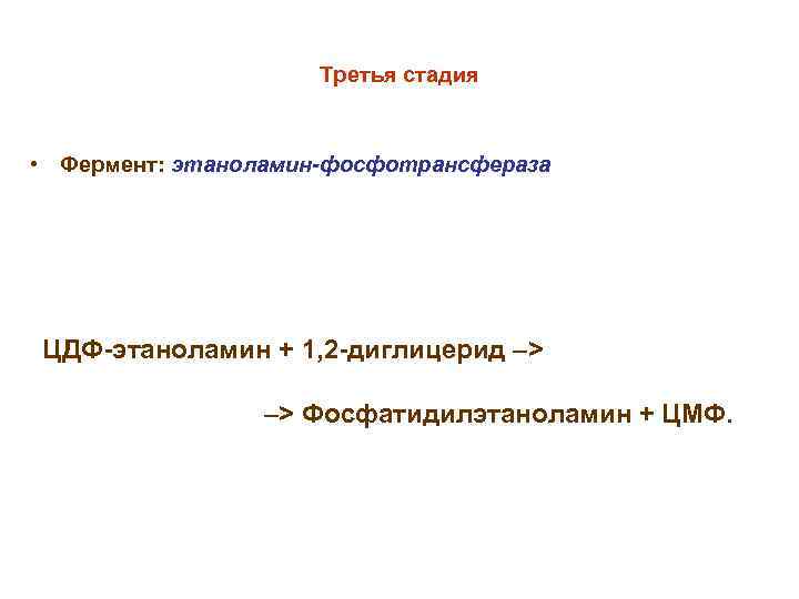 Третья стадия • Фермент: этаноламин-фосфотрансфераза ЦДФ-этаноламин + 1, 2 -диглицерид –> –> Фосфатидилэтаноламин +