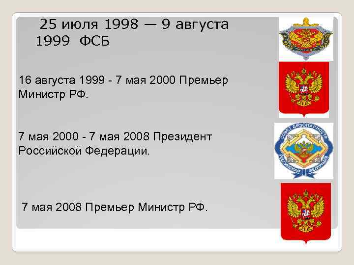 25 июля 1998 — 9 августа 1999 ФСБ 16 августа 1999 - 7 мая