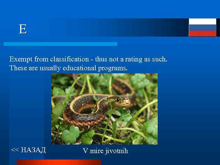 E Exempt from classification - thus not a rating as such. These are usually