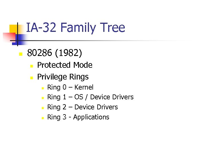 IA-32 Family Tree n 80286 (1982) n n Protected Mode Privilege Rings n n