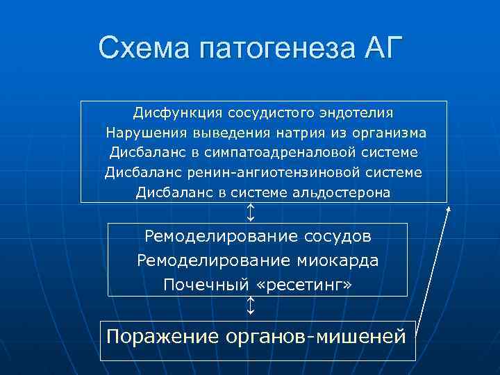 Схема патогенеза АГ Дисфункция сосудистого эндотелия Нарушения выведения натрия из организма Дисбаланс в симпатоадреналовой