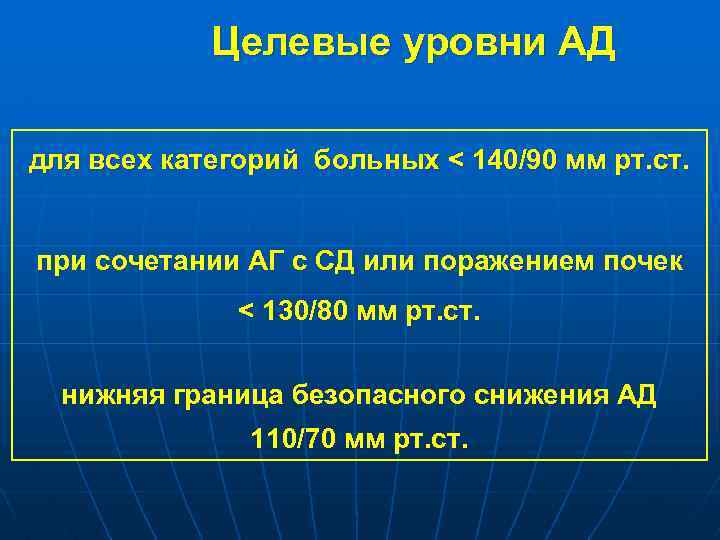 Целевые уровни АД для всех категорий больных < 140/90 мм рт. ст. при сочетании