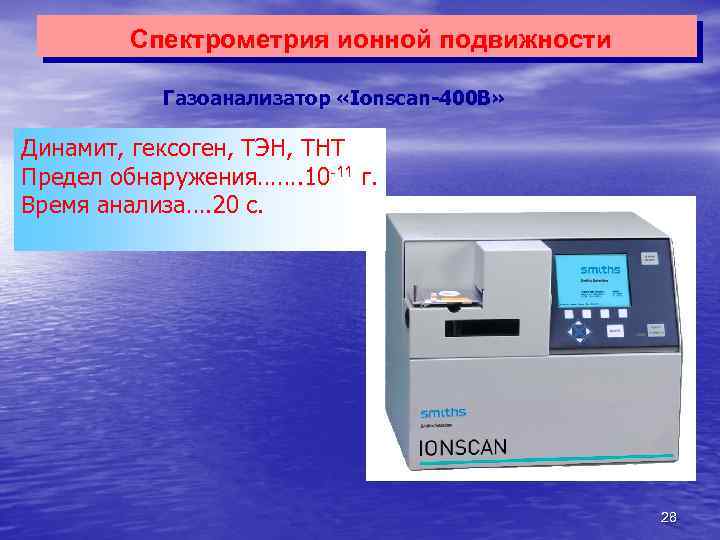 Спектрометрия ионной подвижности Газоанализатор «Ionscan-400 B» Динамит, гексоген, ТЭН, ТНТ Предел обнаружения……. 10 -11