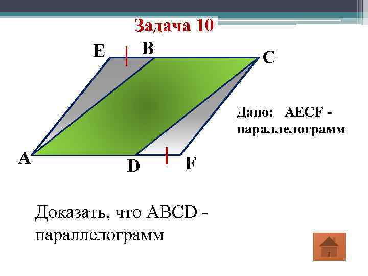 E Задача 10 B C Дано: AECF параллелограмм A D F Доказать, что ABCD